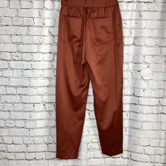 Abercrombie & Fitch Satin Paperbag High -Waist Tapered Pull -On Pants Rust M - Picture 3 of 9